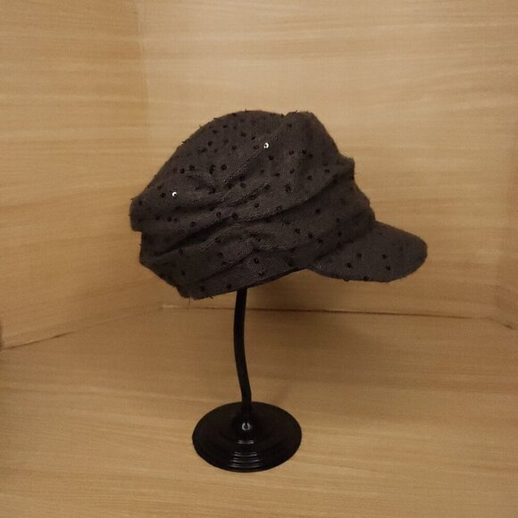 Newsboy Style Grey Taupe Cap Hat With Sequin Detail - Picture 2 of 6